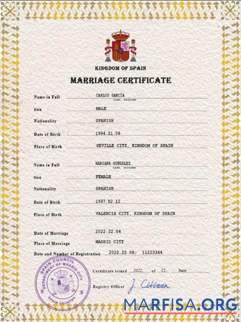 Blank Spain marriage certificate PSD template
